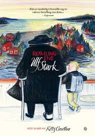 Et bilde av to tegnet figurer en stor høy gammel mann og en ung blonde gutt. De stirrer utover sjøen og lener seg over gelenderet på brua.